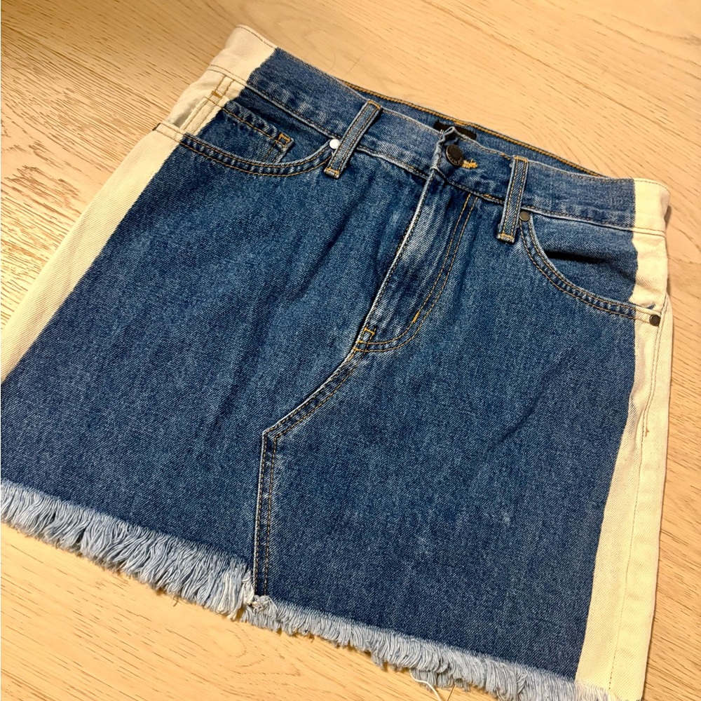 Denim Colorblock Mini Skirt with Fringe Hem
